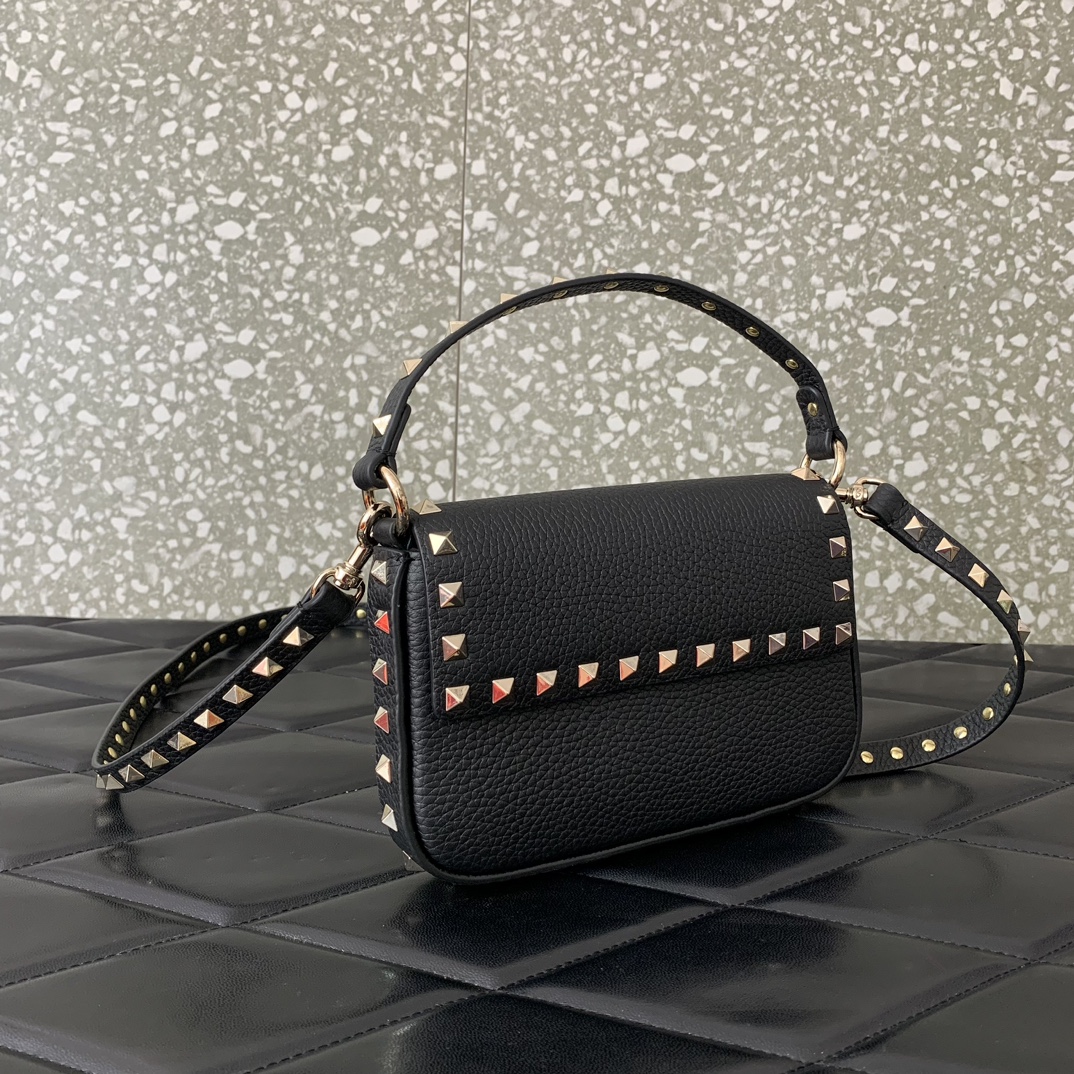 Valentino Garavani Rockstud Small Shoulder Bag in Black Grainy Calfskin